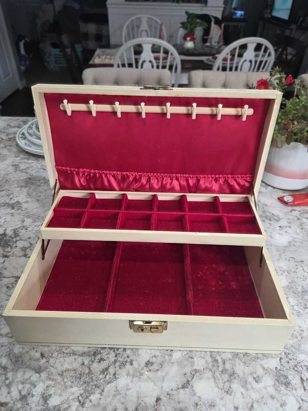 60's Vintage MCM 2 Tier Ivory Jewelry Box Red Velvet Interior MCM